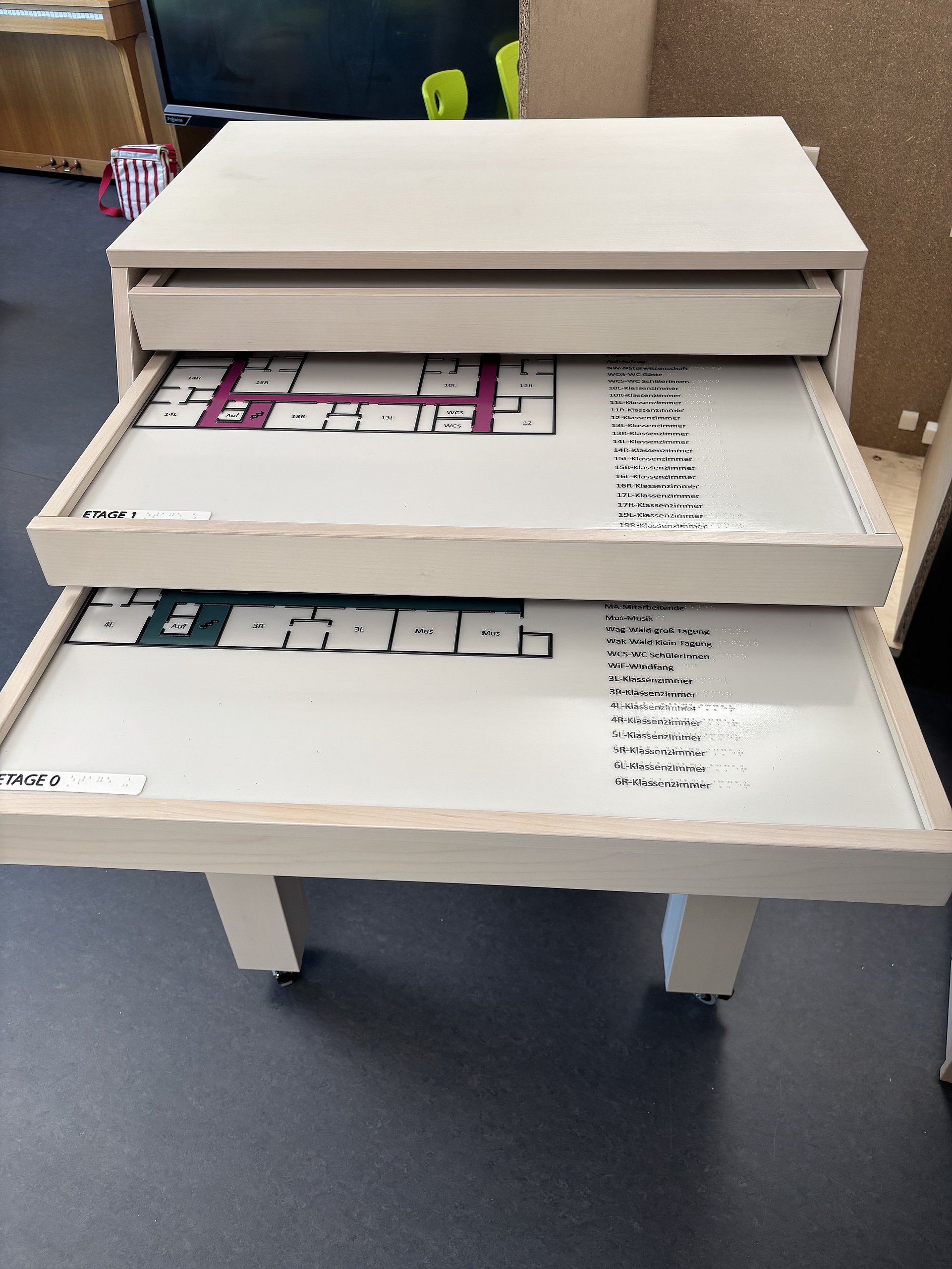 Ein Modellmöbel mit mehreren flachen Schubladen auf Rollen steht in einem Raum.   Drei Schubladen sind teilweise herausgezogen, in jeder liegt ein Grundrissplan mit Räumen und Legende. Die Pläne wirken wie Etagenpläne eines Gebäudes, mit rechteckig eingezeichneten Räumen und Nummerierungen.