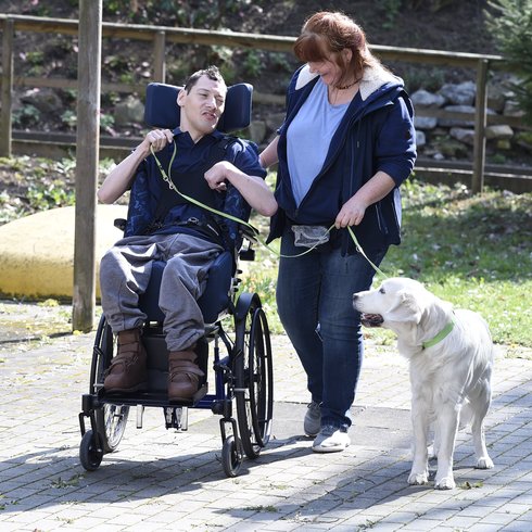 Ein junger Mann im Rollstuhl und eine Begleiterin gehen mit einem Hund spazieren