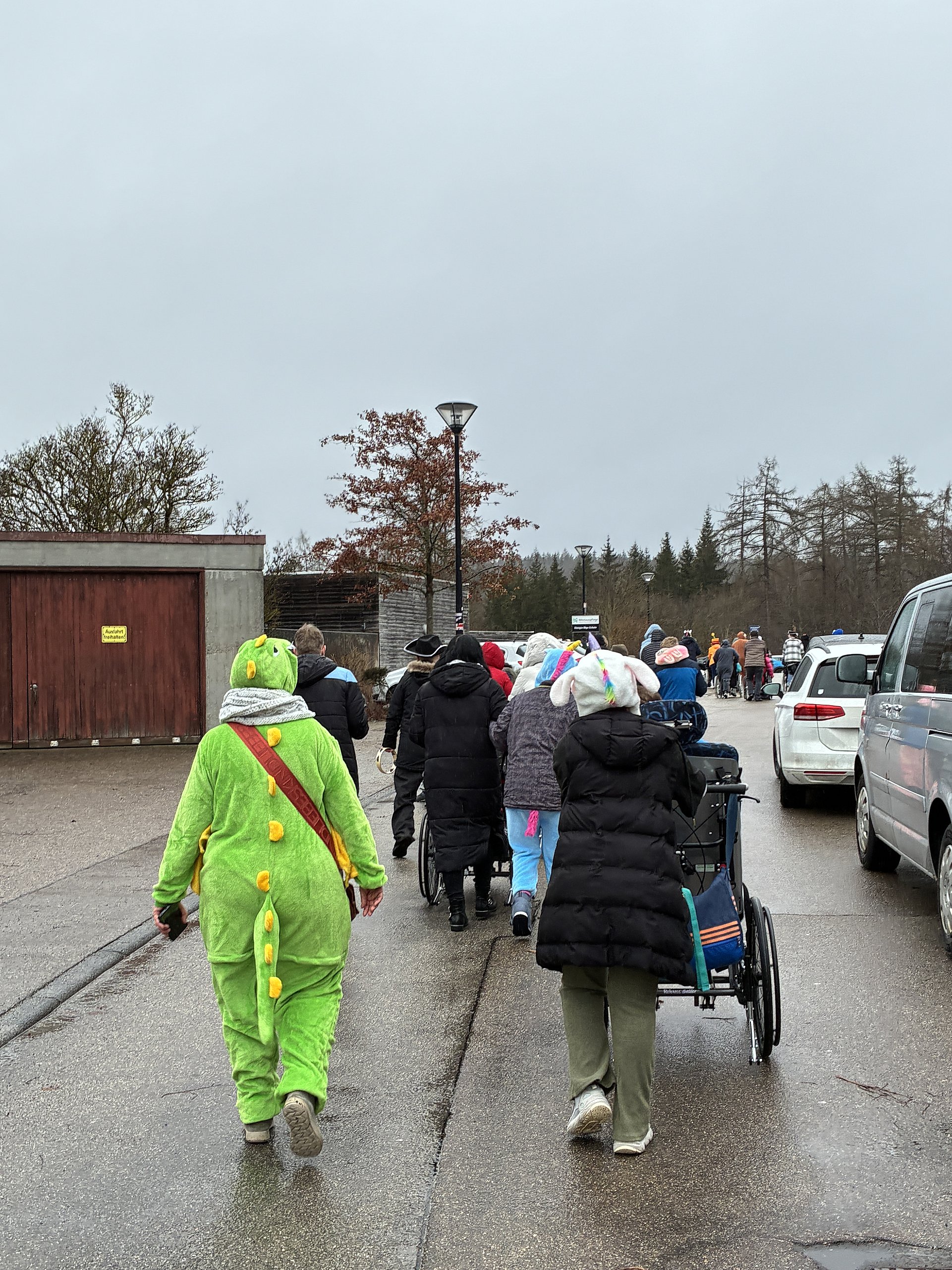 Verkleidete Mitarbeitende und Klienten laufen gemeinsam im Faschingsumzug auf der Straße